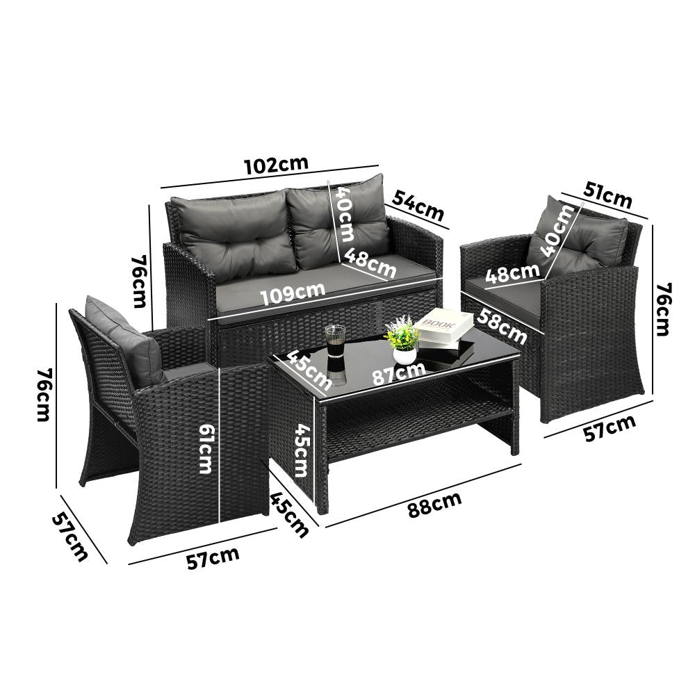 Luxury 4pc Wicker Outdoor Furniture Lounge Set | 4 Piece Rattan Sofa Chair Table Patio Set