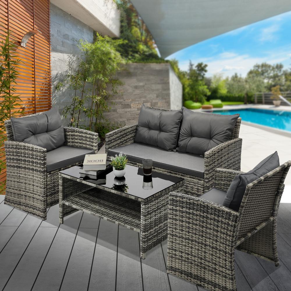 Luxury 4pc Wicker Outdoor Furniture Lounge Set | 4 Piece Rattan Sofa Chair Table Patio Set