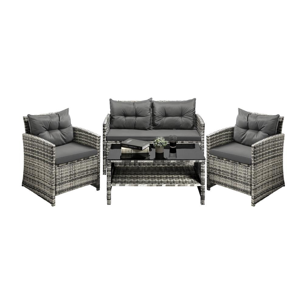 Luxury 4pc Wicker Outdoor Furniture Lounge Set | 4 Piece Rattan Sofa Chair Table Patio Set