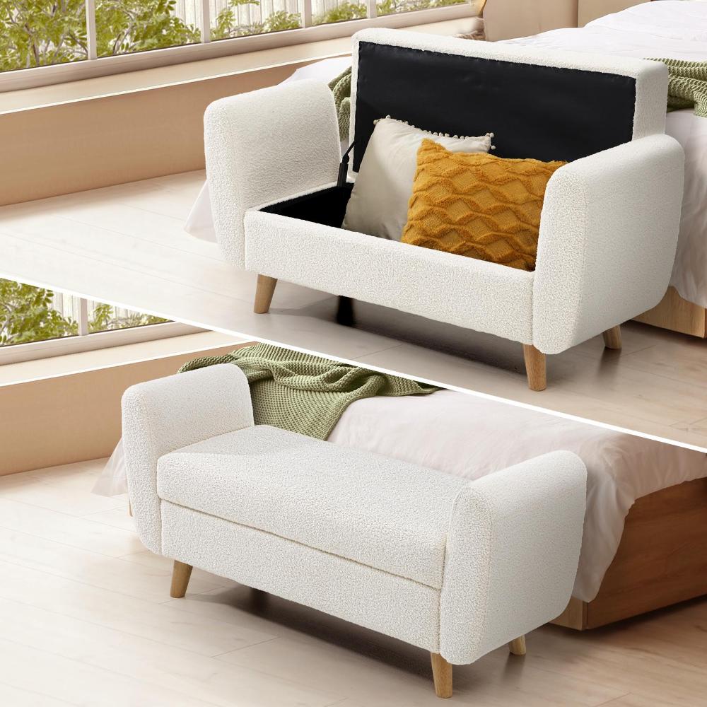 Teddy Boucle Seating Storage Ottoman Daybed | White Boucle Blanket Box Seating Bench