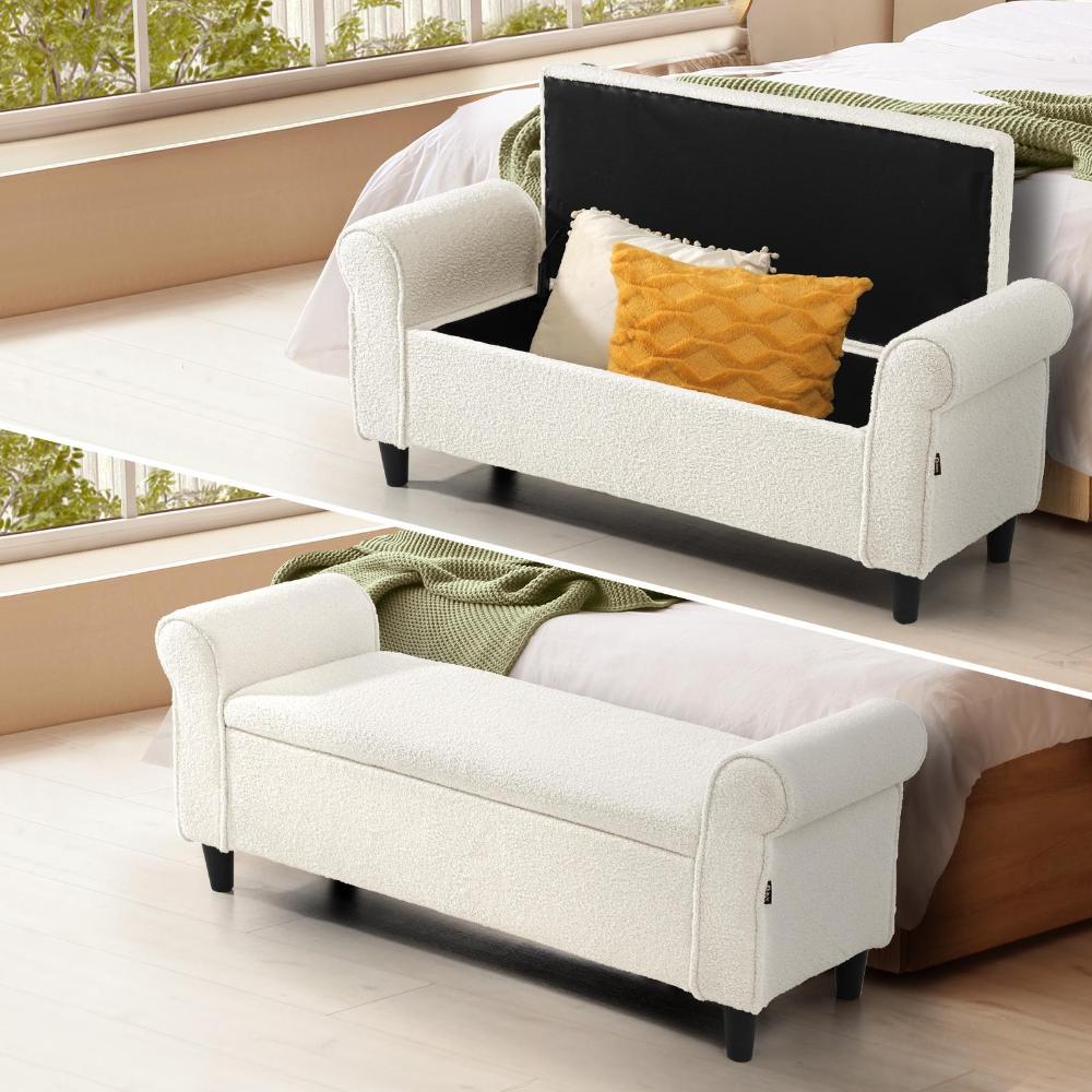 Teddy Boucle Seating Storage Ottoman Daybed | White Boucle Blanket Box Seating Bench