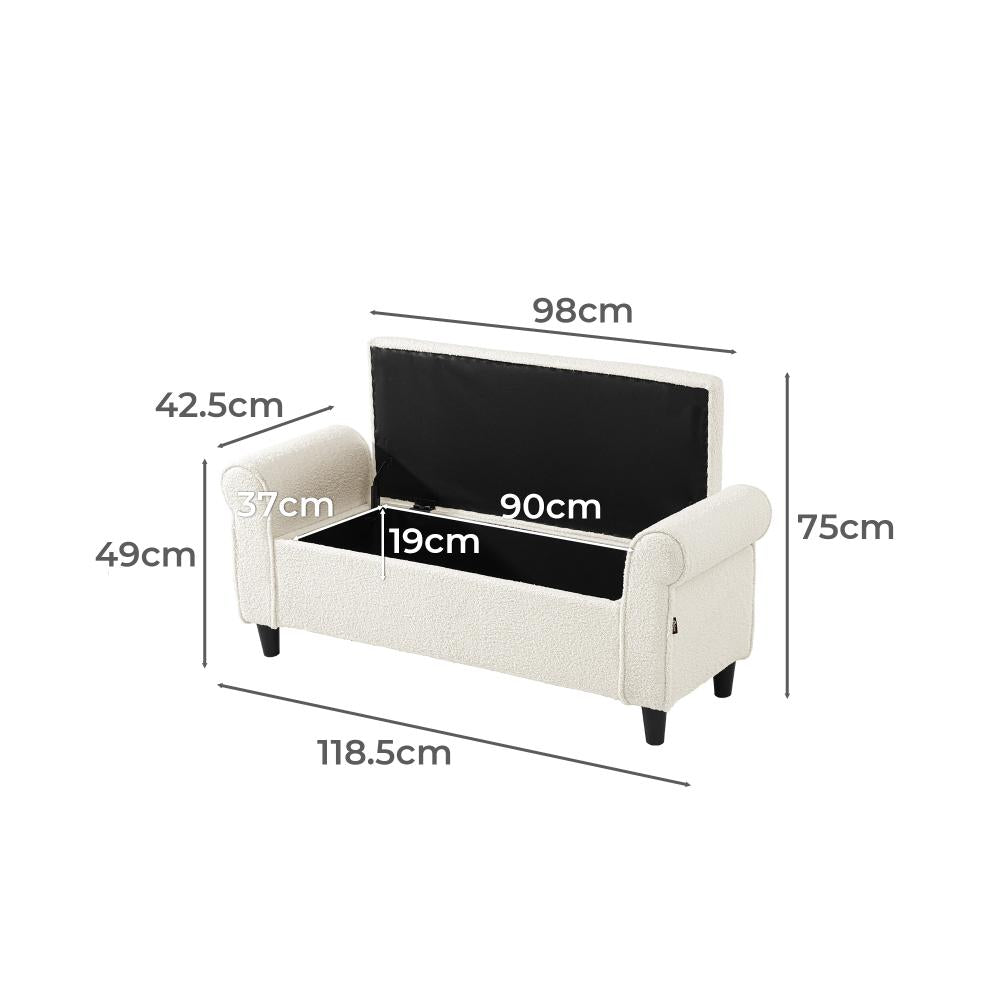 Teddy Boucle Seating Storage Ottoman Daybed | White Boucle Blanket Box Seating Bench