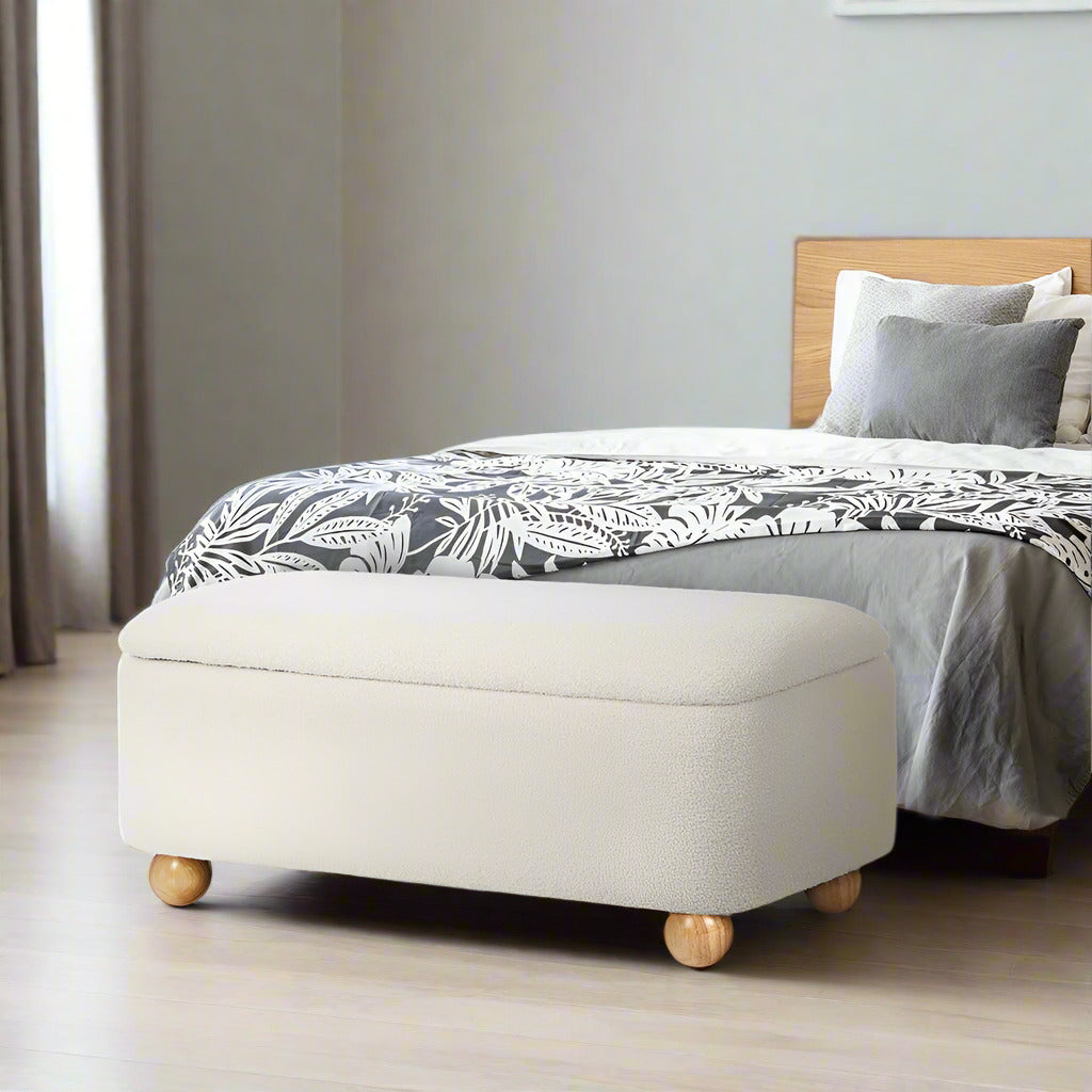 Taledo Two in One Ottoman Storage Box and Seating Bench | Cushioned Soft Boucle or Fabric Blanket Box