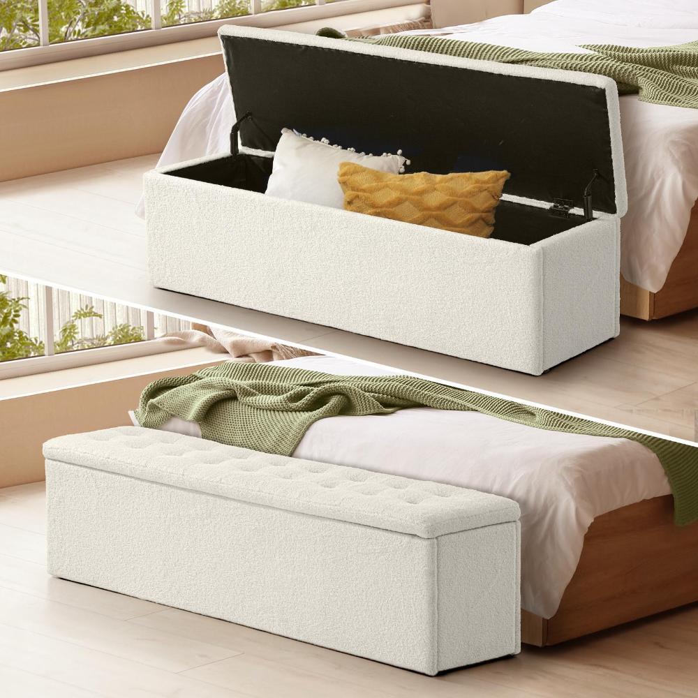 Teddy Boucle Seating Storage Ottoman Daybed | White Boucle Blanket Box Seating Bench