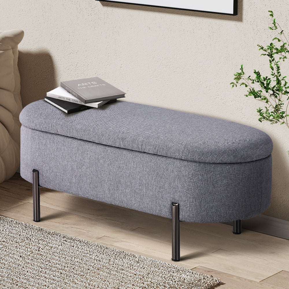Julia Two in One Storage Ottoman and Seating Bench | Oval Shaped Modern Blanket Box Boucle or Linen