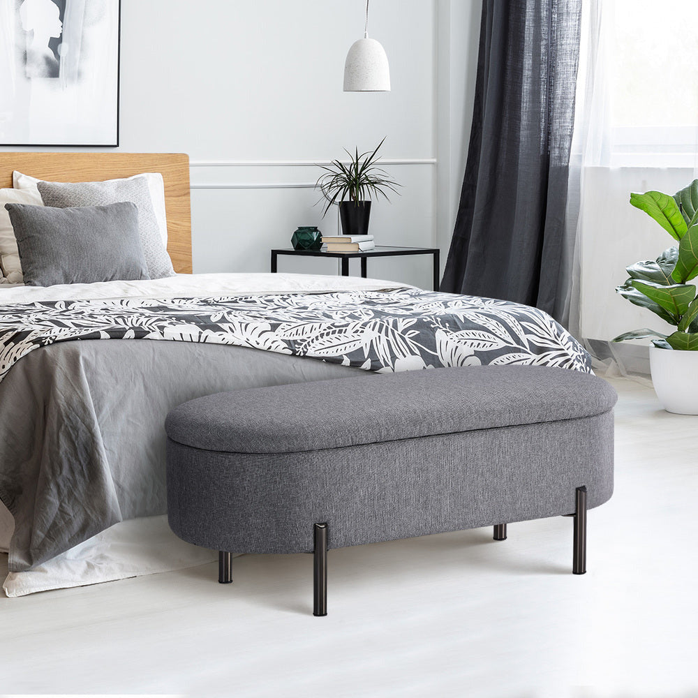 Julia Two in One Storage Ottoman and Seating Bench | Oval Shaped Modern Blanket Box Boucle or Linen