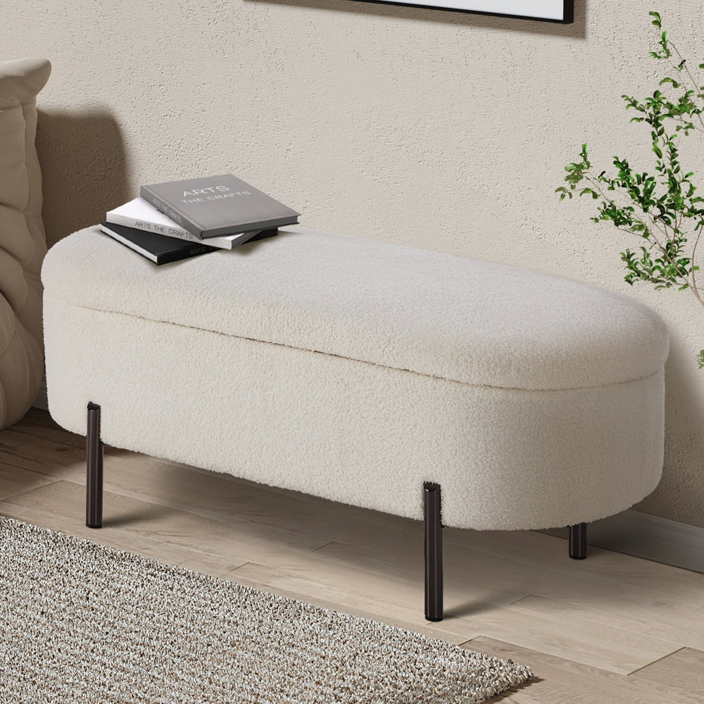 Julia Two in One Storage Ottoman and Seating Bench | Oval Shaped Modern Blanket Box Boucle or Linen