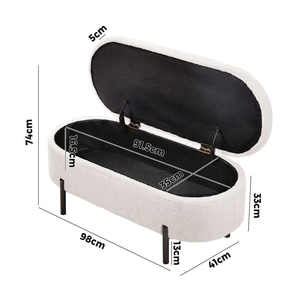 Julia Two in One Storage Ottoman and Seating Bench | Oval Shaped Modern Blanket Box Boucle or Linen