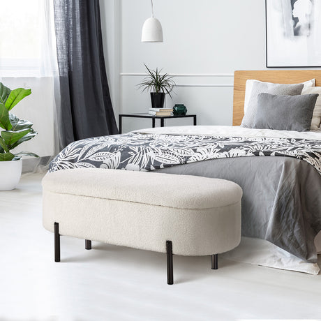 Julia Two in One Storage Ottoman and Seating Bench | Oval Shaped Modern Blanket Box Boucle or Linen