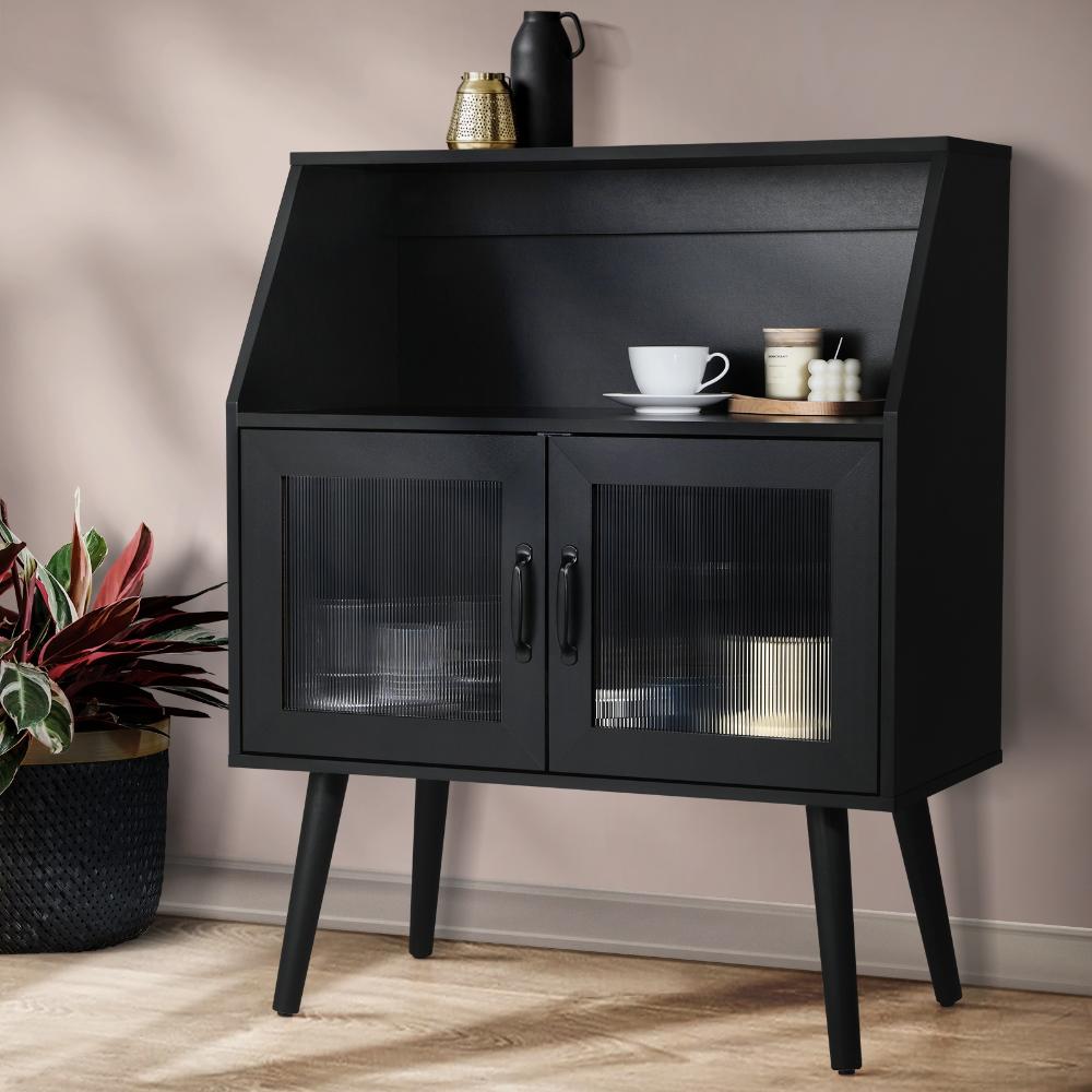 Noire Premio Black Sideboard Cabinet with Glass Doors and And Storage Shelves