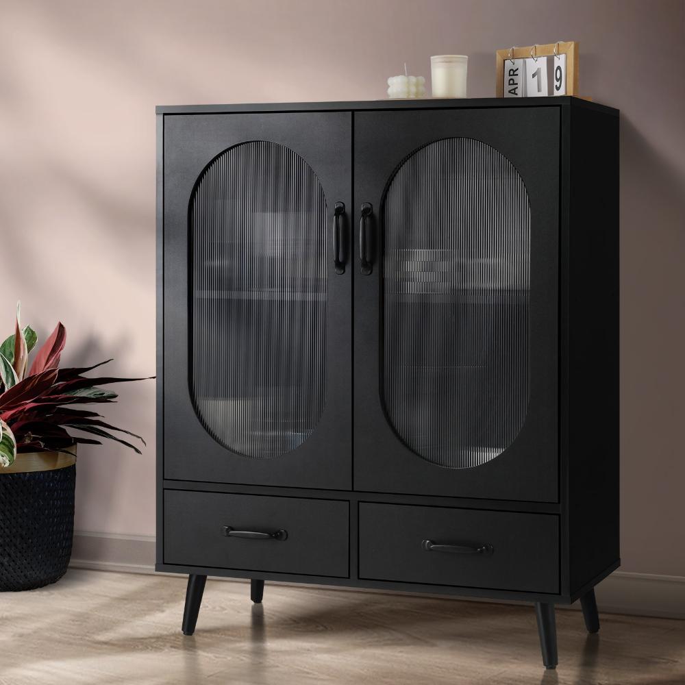 Noire Premio Black Sideboard Cabinet with Glass Doors and And Storage Shelves