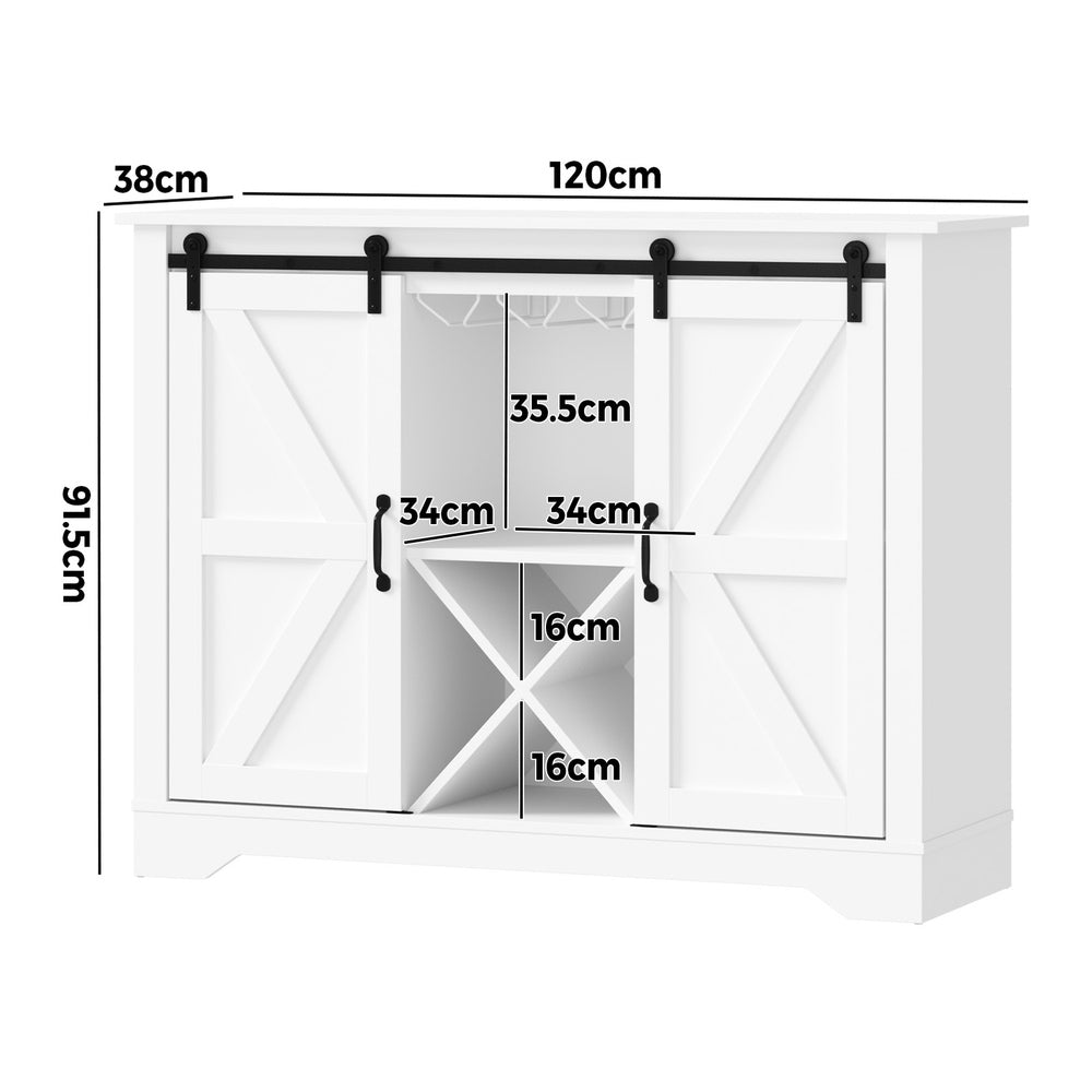 Vintage 2 Drawer Sideboard Buffet with Wine Rack | Barn Door Style Display Storage Cabinet