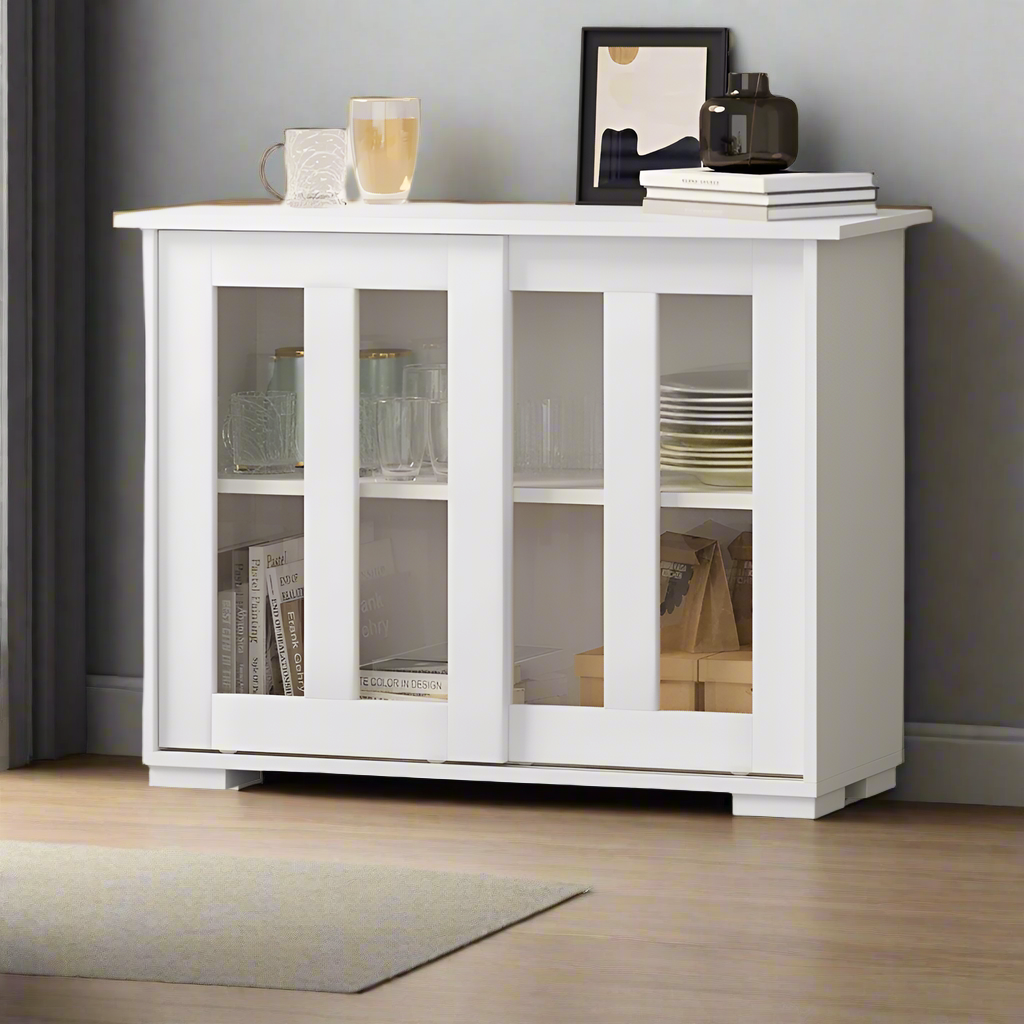 Belgrado Modern 2 Drawer Sideboard Glass Door Buffet | Contemporary Display Storage Cabinet