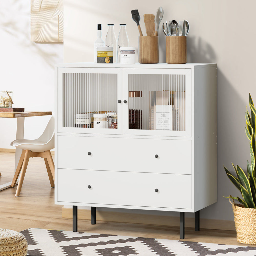 Barbados Modern 2 Drawer Sideboard with Fluted Glass Door | Hampton Style Display Storage Cabinet