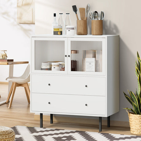 Barbados Modern 2 Drawer Sideboard with Fluted Glass Door | Hampton Style Display Storage Cabinet