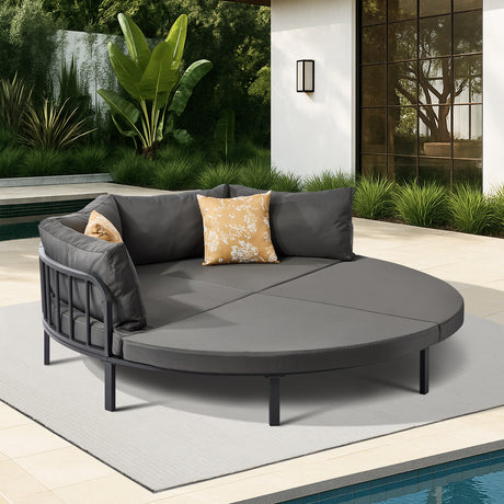 Aquino Sol Outdoor Cushioned Round Pool Daybed| Modern Extra Large 4 People Sun Lounger Bed