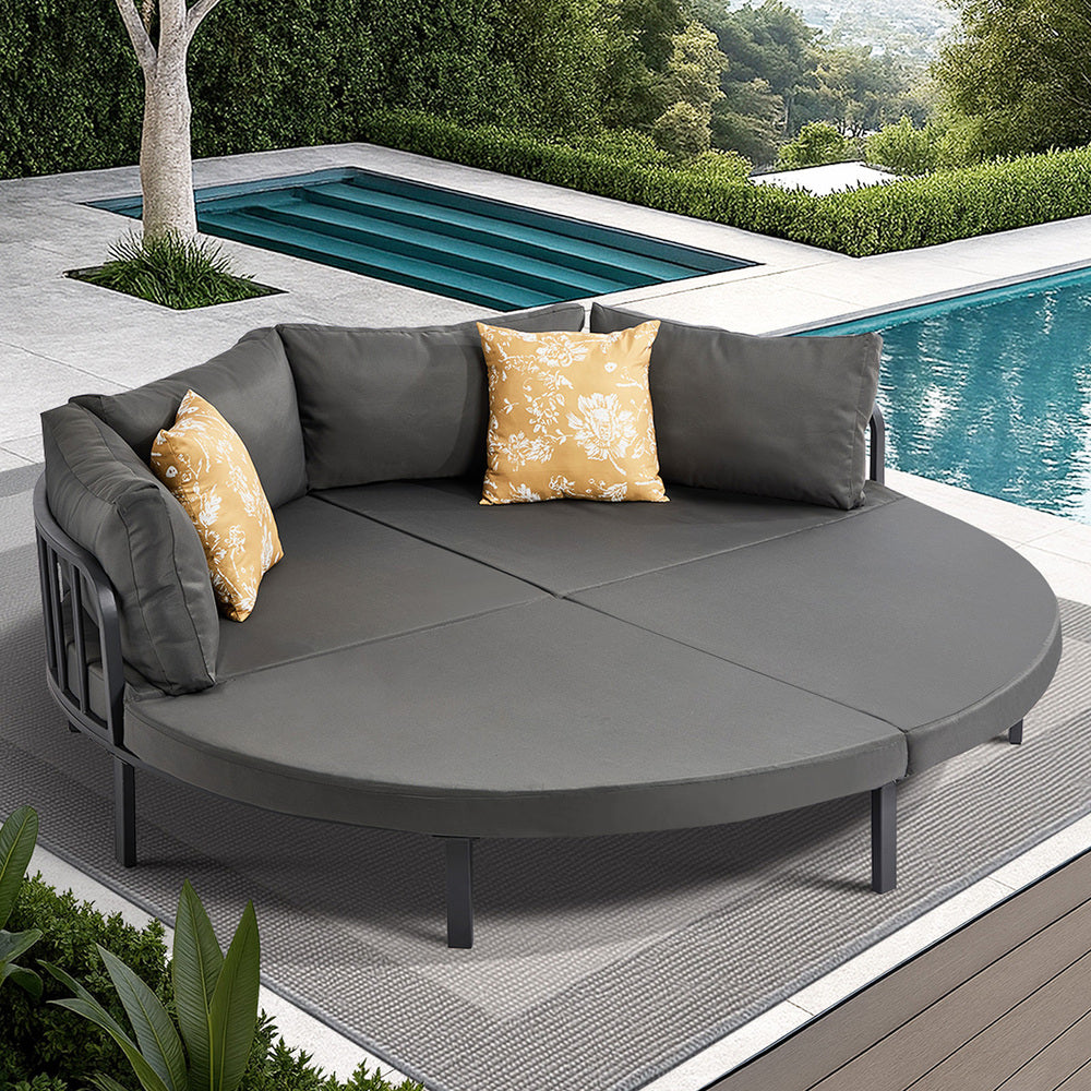 Aquino Sol Outdoor Cushioned Round Pool Daybed| Modern Extra Large 4 People Sun Lounger Bed