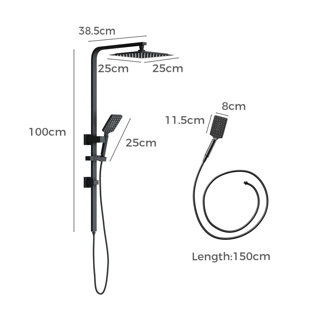 Super High Quality Shower Rail Mixer System In Black or Chrome | Square 3 Mode 10" Rain Shower Head & Handheld Shower Rail