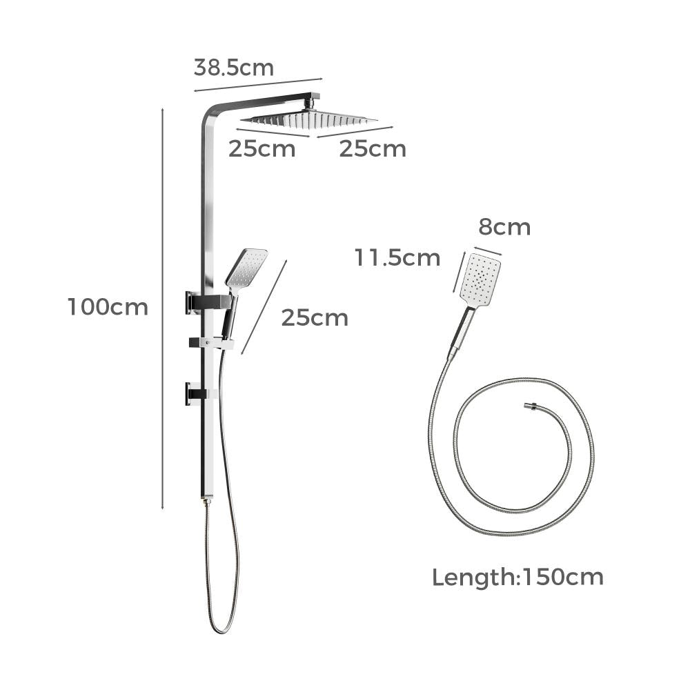 Super High Quality Shower Rail Mixer System In Black or Chrome | Square 3 Mode 10" Rain Shower Head & Handheld Shower Rail