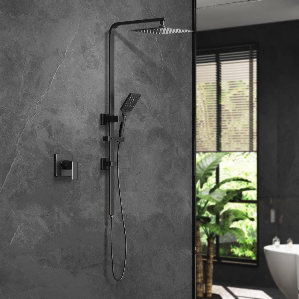 Super High Quality Shower Rail Mixer System In Black or Chrome | Square 3 Mode 10" Rain Shower Head & Handheld Shower Rail