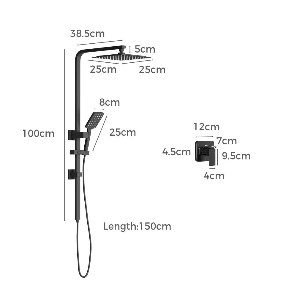 Super High Quality Shower Rail Mixer System In Black or Chrome | Square 3 Mode 10" Rain Shower Head & Handheld Shower Rail