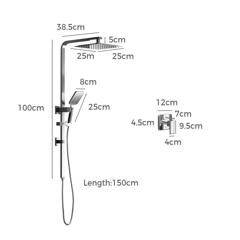 Super High Quality Shower Rail Mixer System In Black or Chrome | Square 3 Mode 10" Rain Shower Head & Handheld Shower Rail