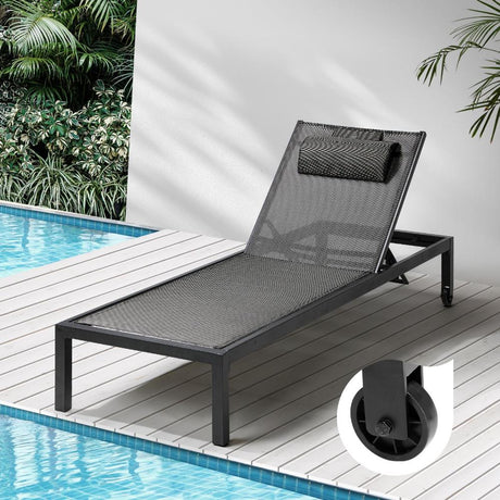 Positano Adjustable Aluminium Siesta Sun Lounge |Black Outdoor Pool Lounger Day Bed With Moveable Wheels