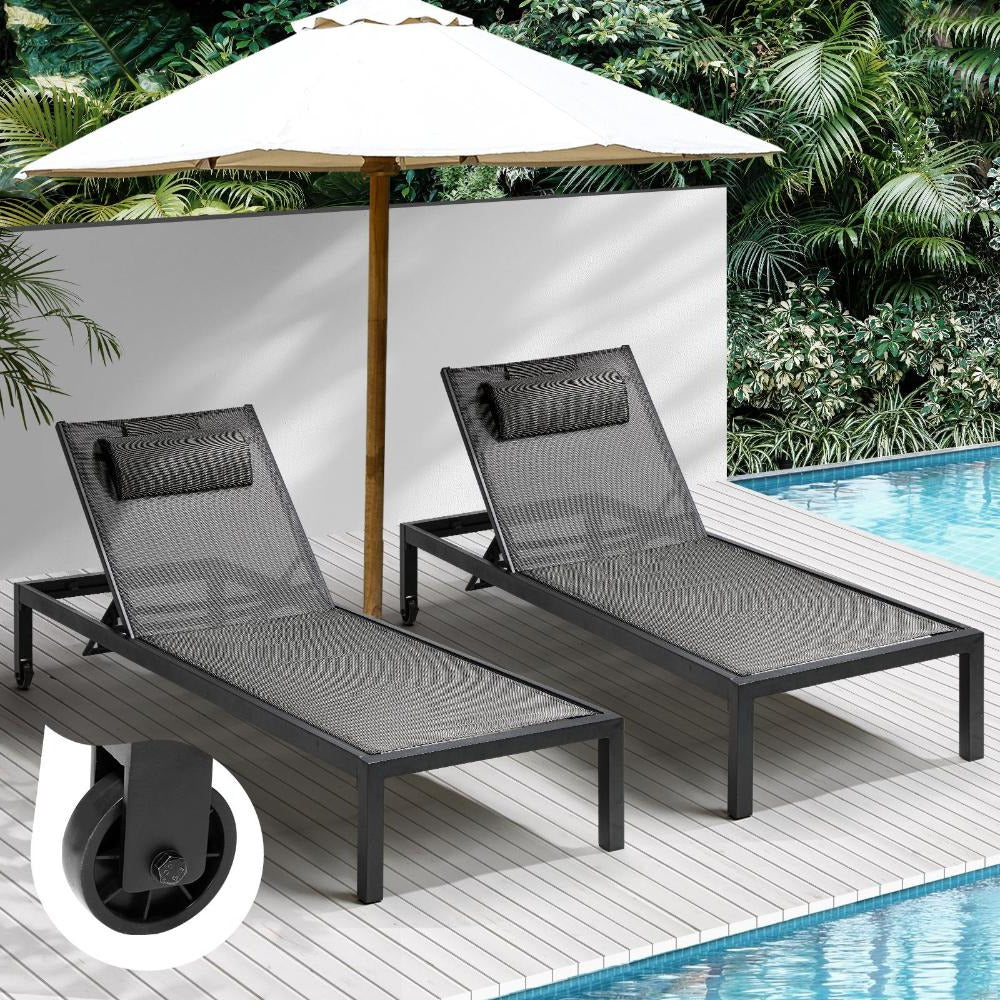 Positano Adjustable Aluminium Siesta Sun Lounge |Black Outdoor Pool Lounger Day Bed With Moveable Wheels
