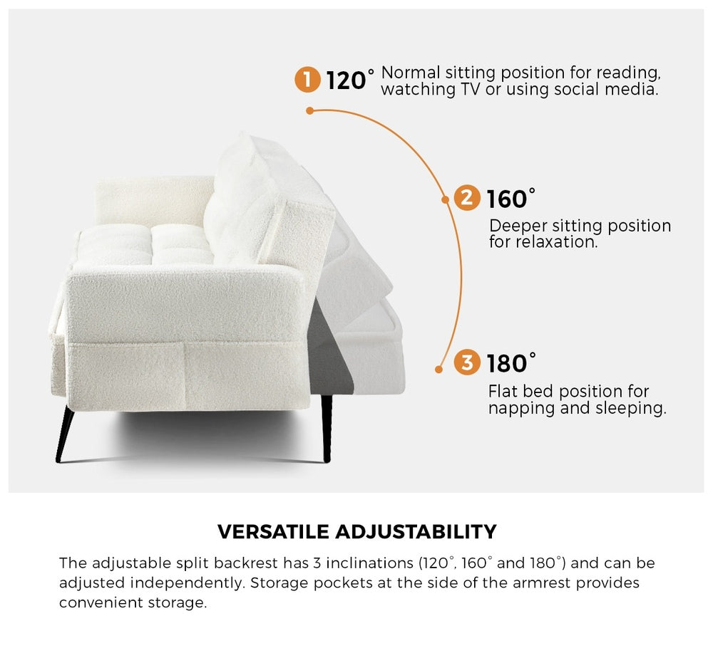 Amore Boucle Two in One 3 Seater Sofa Couch and Fold Out Futon Bed | Adjustable Luxury Futon Sofa Couch
