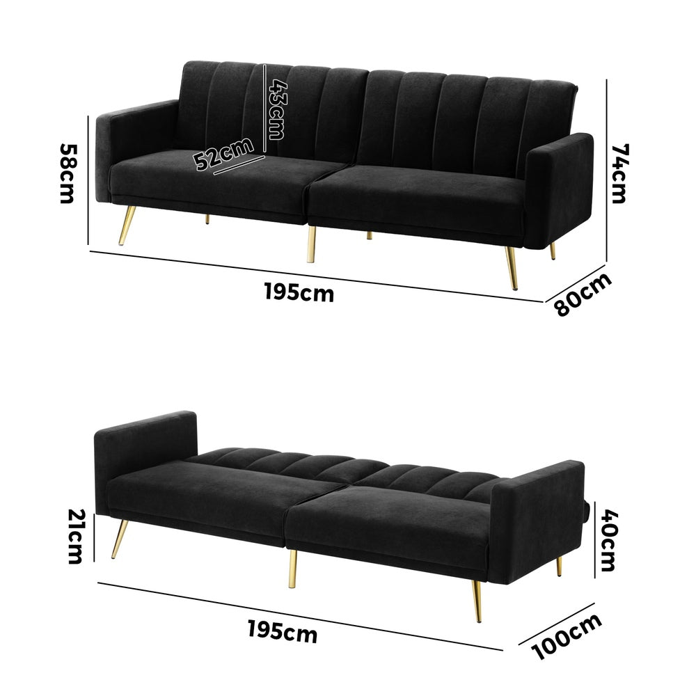 Lucrezia Velvet 3 Seater Sofa Couch and Fold Out Futon Bed | Adjustable Luxury Futon Sofa Couch