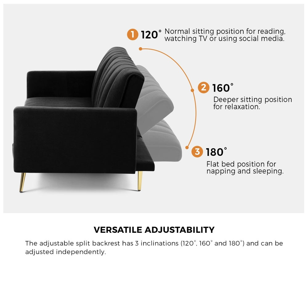 Lucrezia Velvet 3 Seater Sofa Couch and Fold Out Futon Bed | Adjustable Luxury Futon Sofa Couch