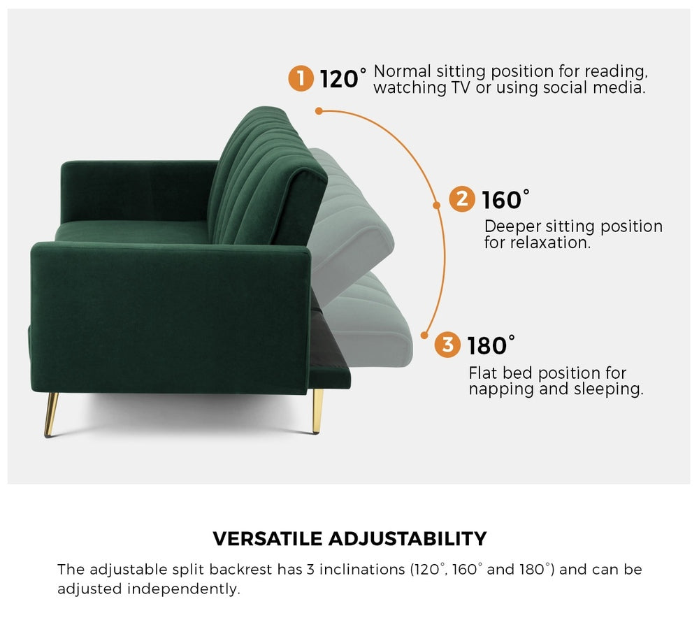 Lucrezia Velvet 3 Seater Sofa Couch and Fold Out Futon Bed | Adjustable Luxury Futon Sofa Couch