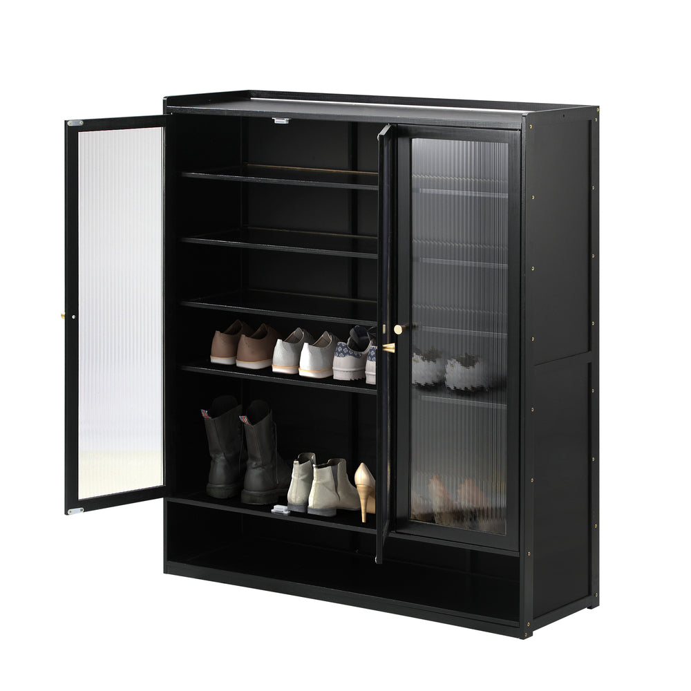 Rearo Centrum Modern 45 Pair Shoe Cabinet | Fluted Bamboo Shoe Storage Organiser in Black
