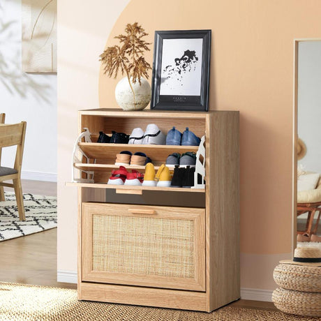 Abruzzi Genuine Rattan Shoe Storage Cabinet | Modern Elegant Wooden Shoe Rack Storage Organiser
