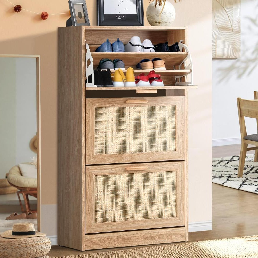 Abruzzi Genuine Rattan Shoe Storage Cabinet | Modern Elegant Wooden Shoe Rack Storage Organiser