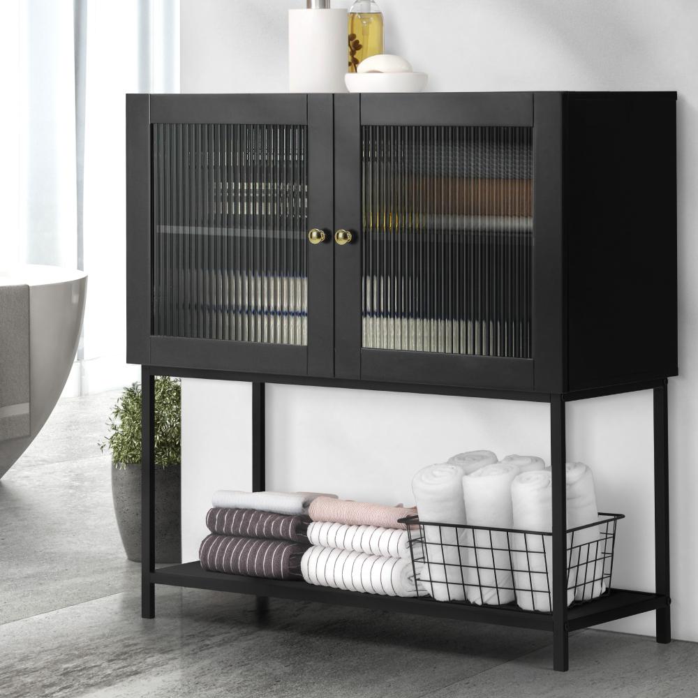 Amaro Nero Tempered Glass Bathroom Cabinet Storage Unit | Multi Storage Laundry or Bathroom Cupboard