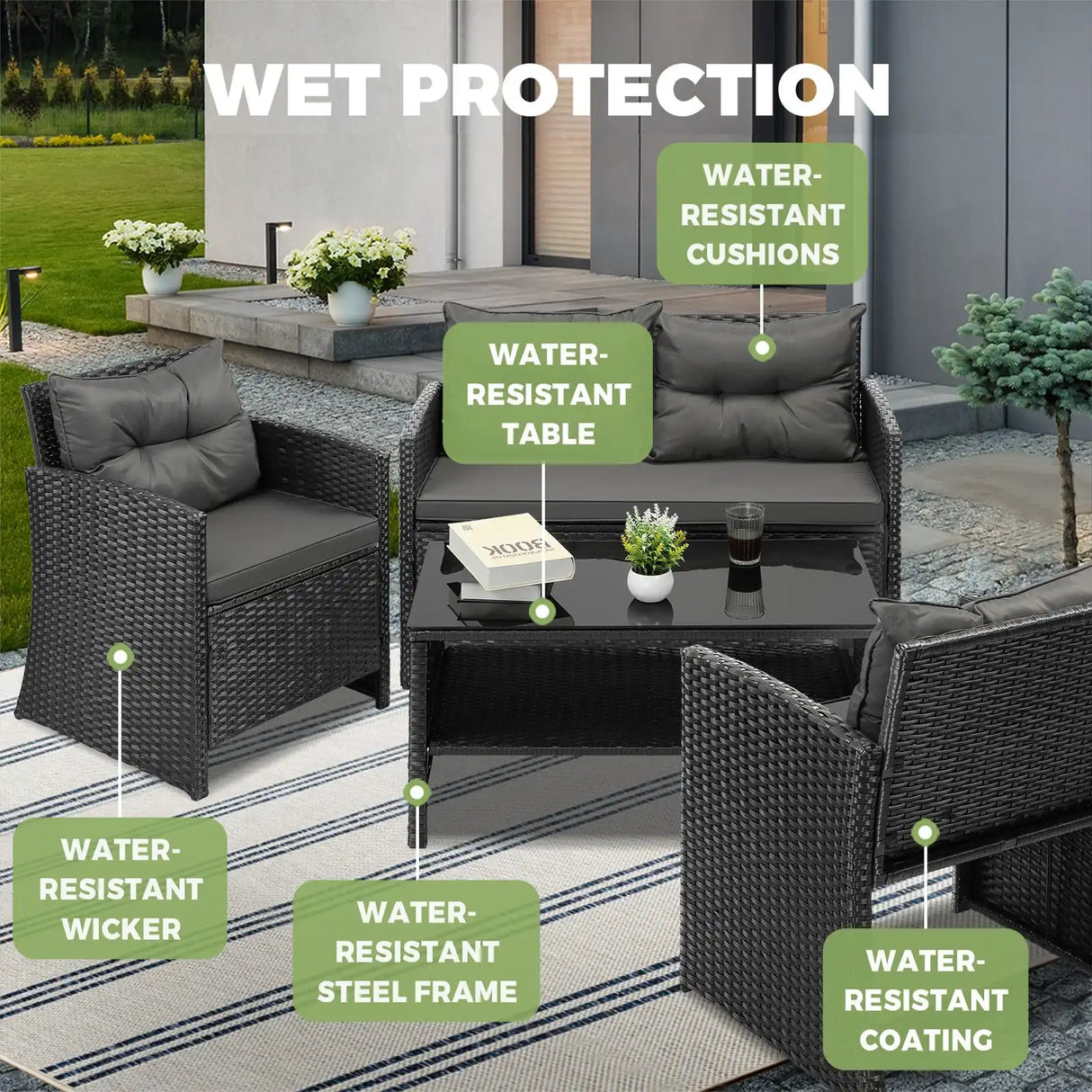 Luxury 4pc Wicker Outdoor Furniture Lounge Set | 4 Piece Rattan Sofa Chair Table Patio Set