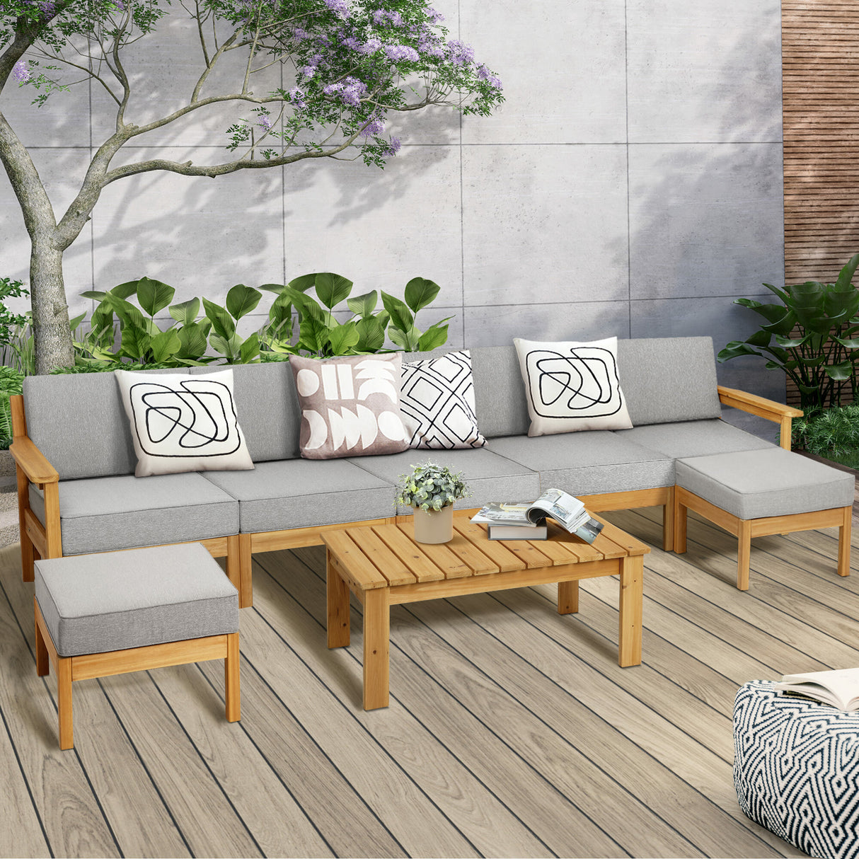 Playa Bonita Wooden Outdoor Lounge Set | Flexi Layout Modern Outdoor Patio Furniture Set