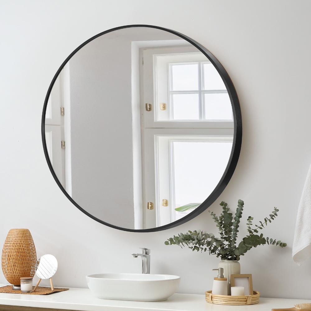 Sierra Contemporary Slim Round Wall Mirror | Bathroom Hallway Round Mirror in Black or Gold Frame