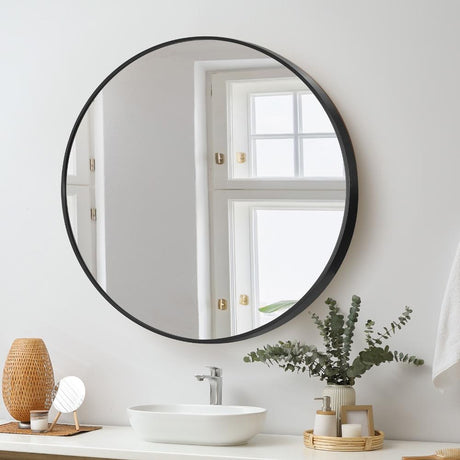 Sierra Contemporary Slim Round Wall Mirror | Bathroom Hallway Round Mirror in Black or Gold Frame