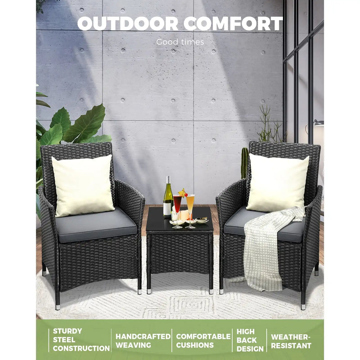 Luxury 3pc Wicker Outdoor Furniture Lounge Set | 3 Piece Rattan Sofa Chair Table Patio Set