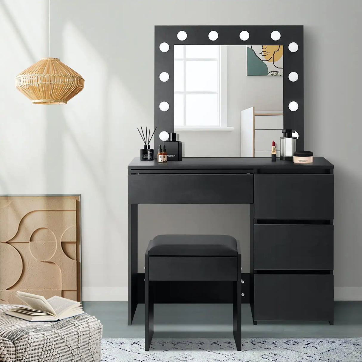 Nora LED Mirror Dressing Table and Stool Set | 12 Light Hollywood Light Makeup Desk Mirror and Storage