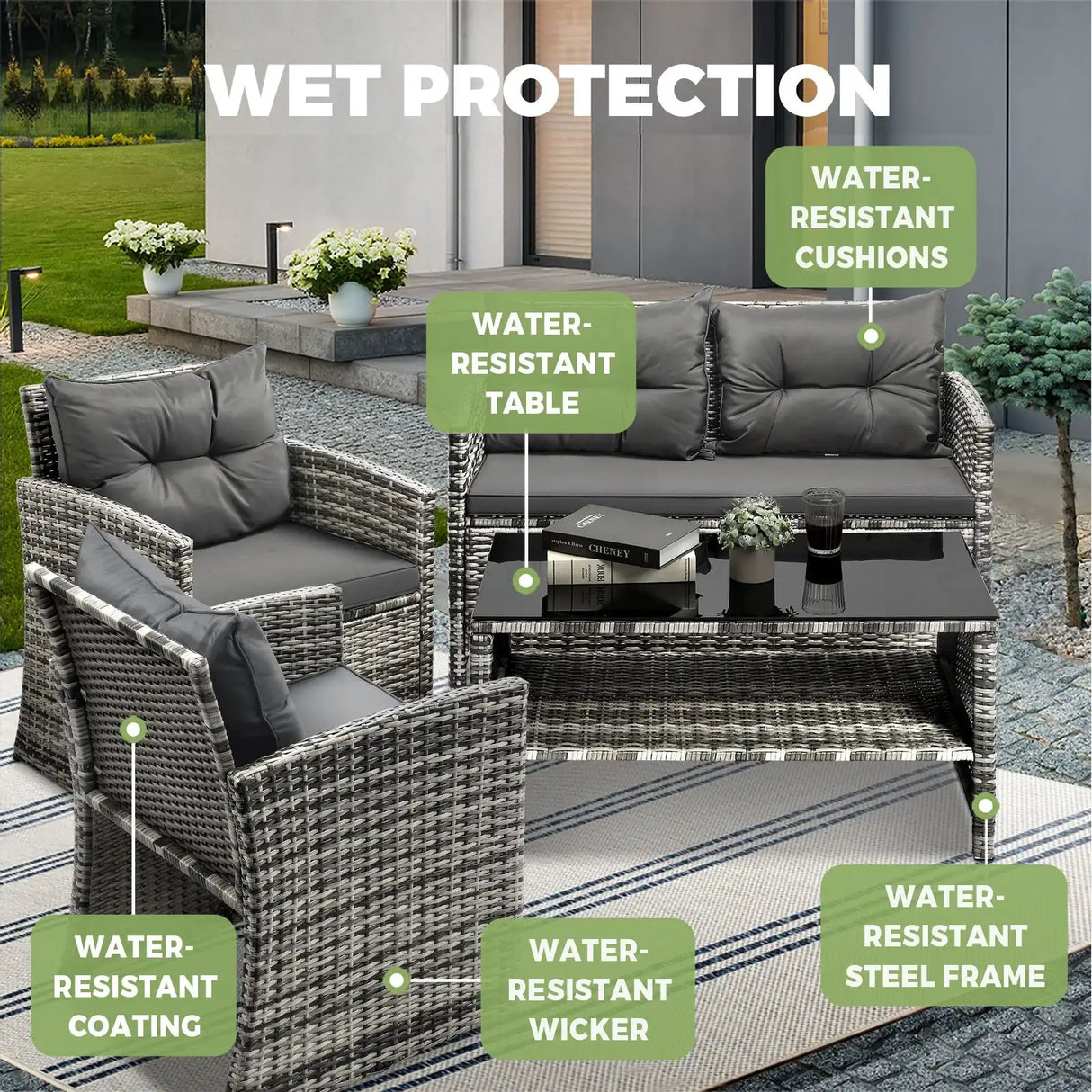 Luxury 4pc Wicker Outdoor Furniture Lounge Set | 4 Piece Rattan Sofa Chair Table Patio Set