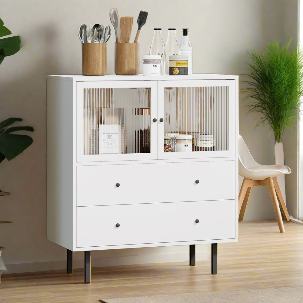 Barbados Modern 2 Drawer Sideboard with Fluted Glass Door | Hampton Style Display Storage Cabinet