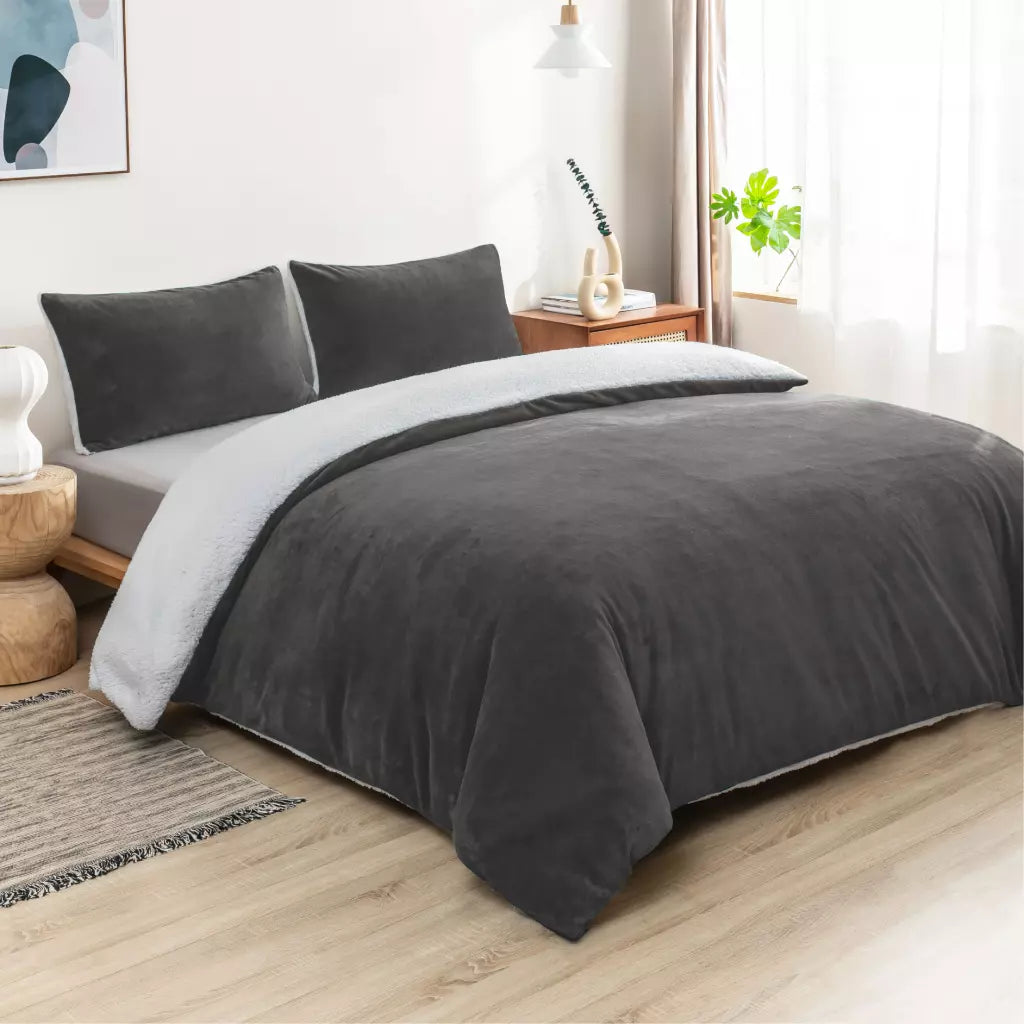 Plush 2 in 1 Teddy Sherpa Quilt Cover Set and Blanket | Warm Sherpa Bedding Set