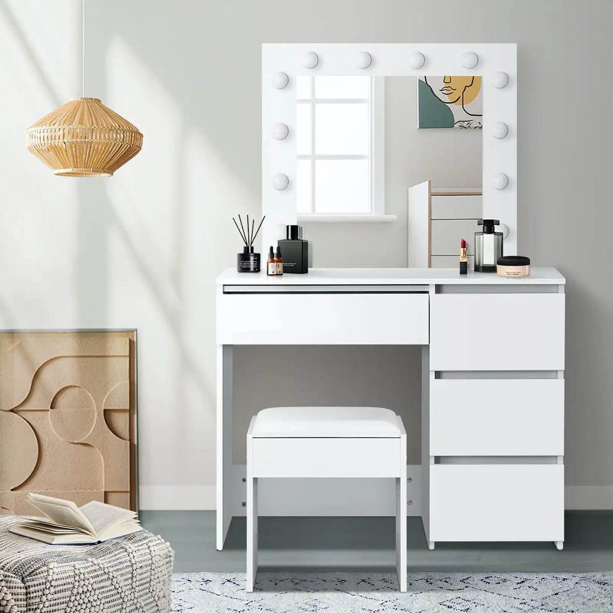 Nora LED Mirror Dressing Table and Stool Set | 12 Light Hollywood Light Makeup Desk Mirror and Storage