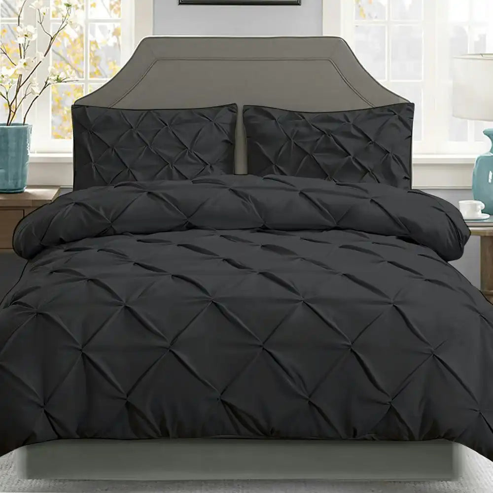 3 Piece Pinch Pleat Quilt Cover Set | Pintuck Diamond Embroidery Duvet Cover Set