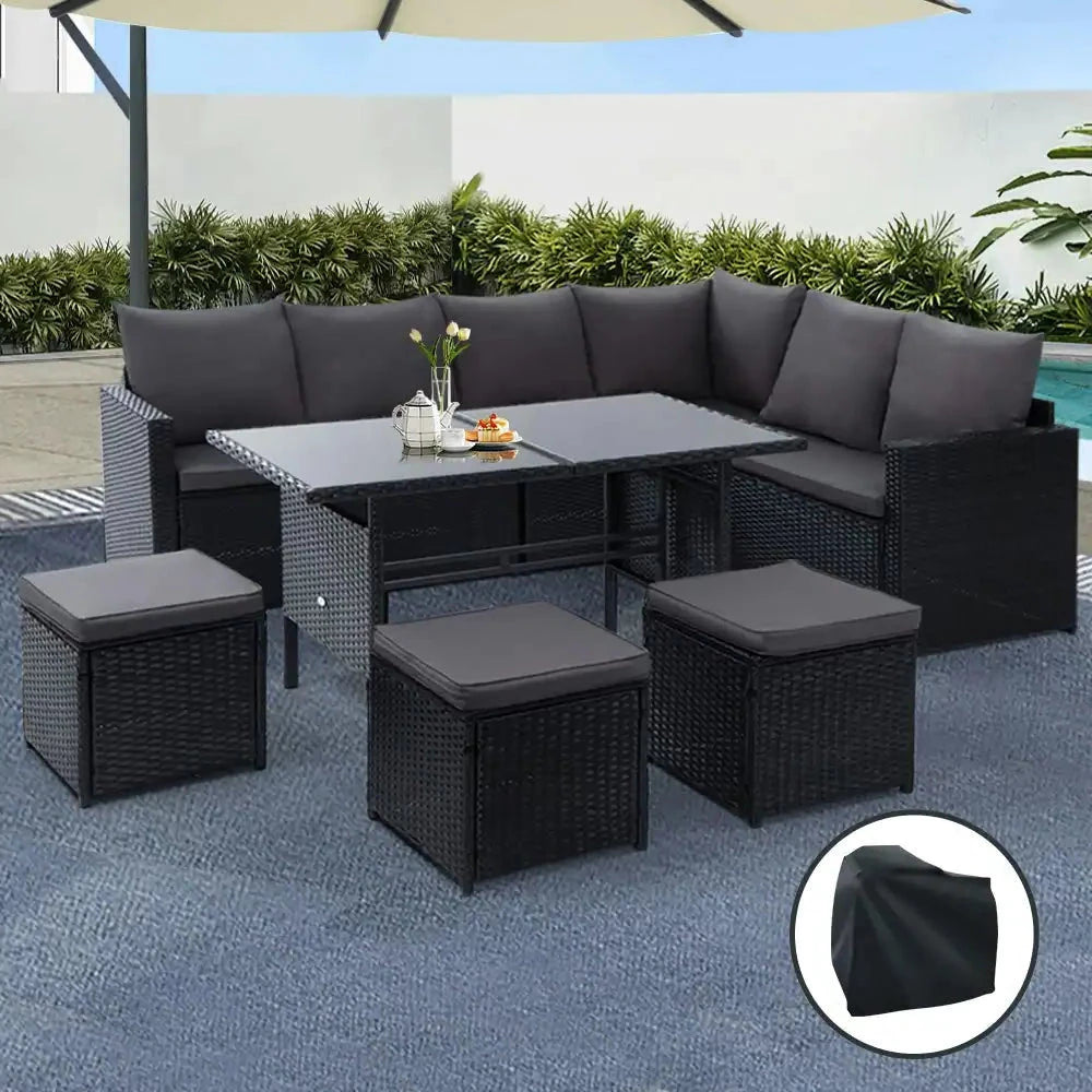 Budva Luxe 9 Piece Outdoor Wicker Furniture Patio Set | Modern Rattan Quality 9pc Sofa Set Outdoor Dining Set