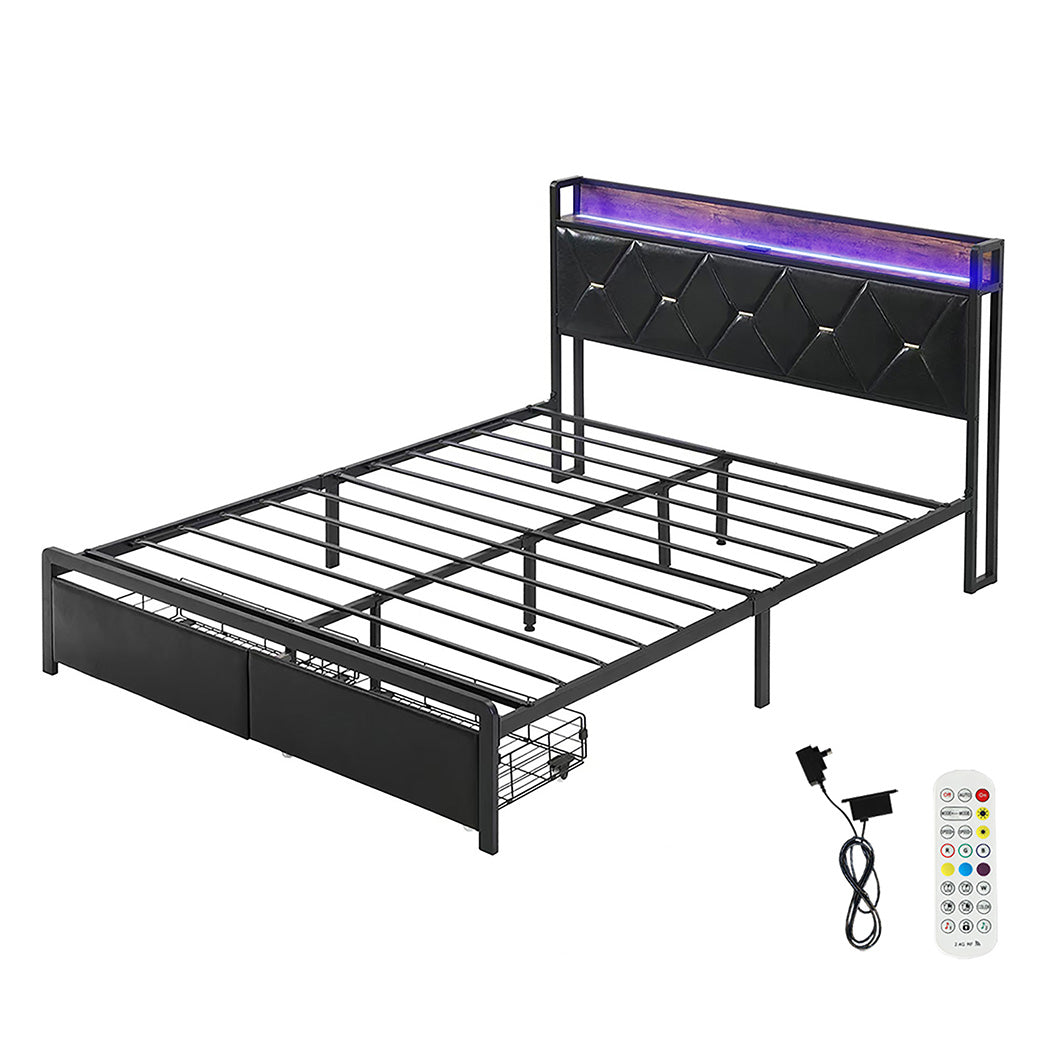 Capri LED Black PU Leather Storage Bed with USB | Multi Functional Storage LED Lights Bed Frame