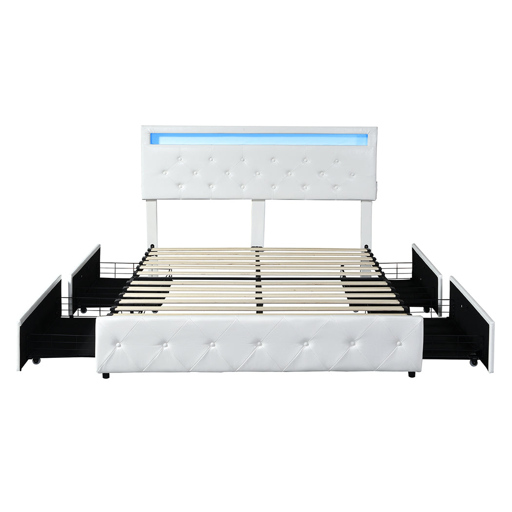 Duomo Blanco LED PU Leather Storage Bed with USB and 4 Draws | Multi Functional Storage LED Lights Bed Frame